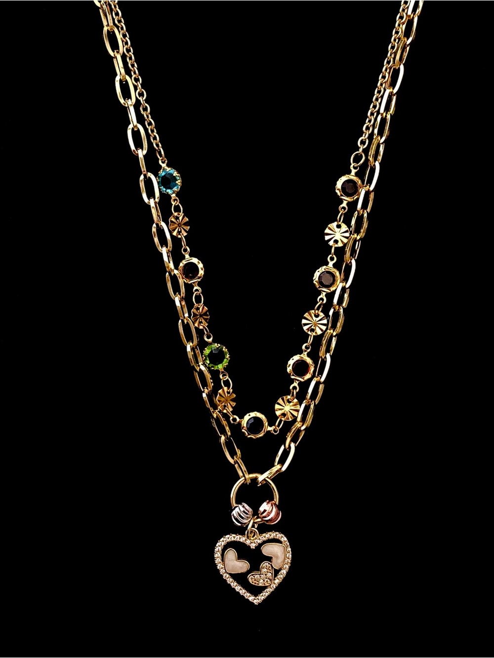 Gold-Plated Stainless Steel Triple-Layer Heart and Birthstone Necklace